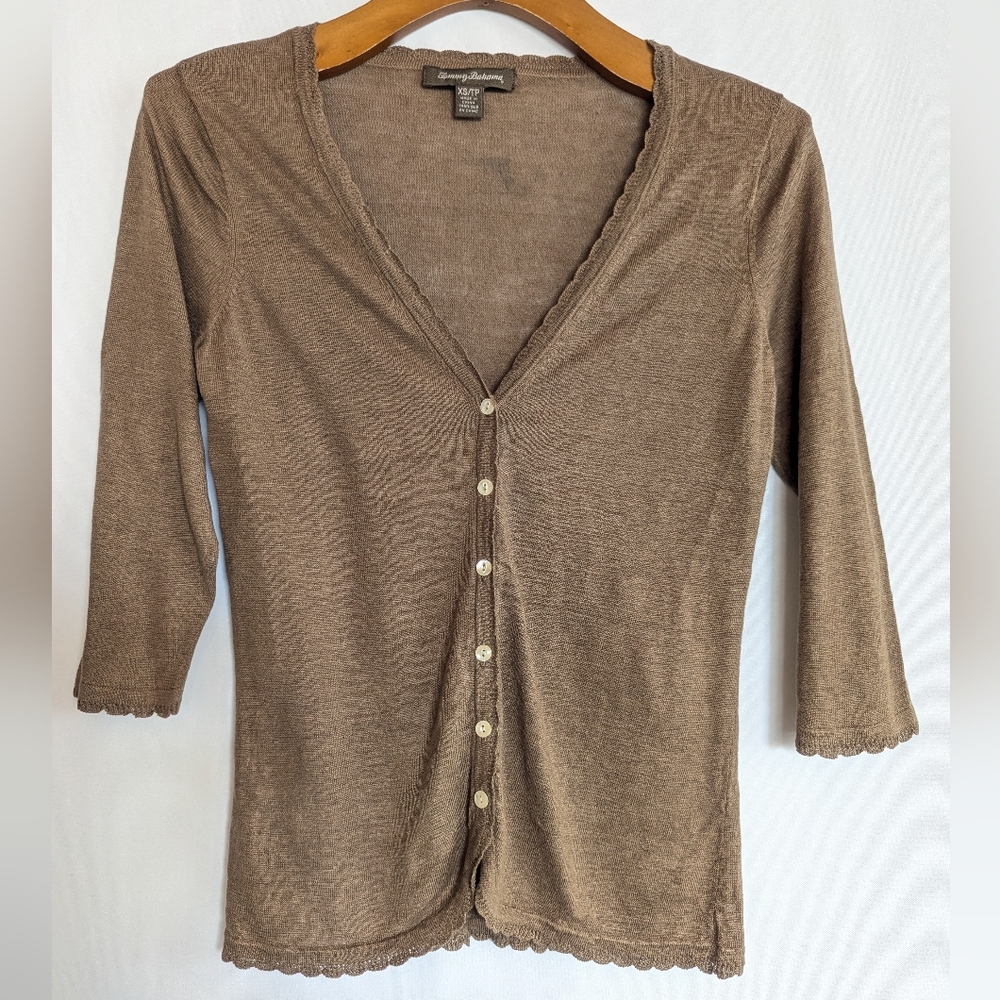 Tommy Bahama Taupe Brown Button-Up Cardigan 100% Linen Breathable Lightweight